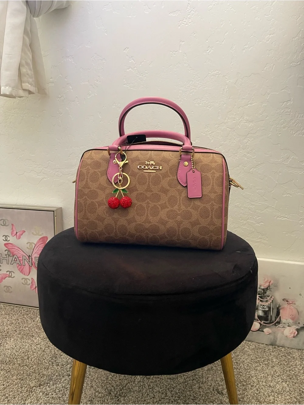Coach Brown Signature Satchel with Pink Trim and Cherry Charm